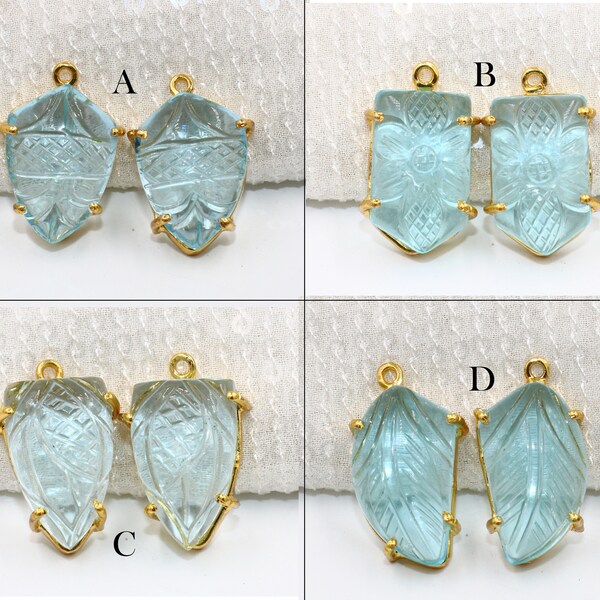 Aqua Quartz Hand Carved Prong Set Pendant | 22kt Gold Plated Earrings Connector | Single Loop Gemstone Pendant | DIY Jewelry Making Supplies