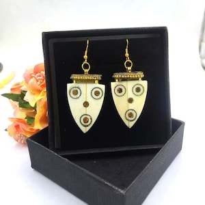 Ethically Sourced Buffalo Bone Arrowhead Earrings Brass Accent Inlays & Dotted Gold Cap Boho Ethnic Tribal Bone Jewelry Collection gift idea