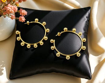 Designer Gold Balls Hoop Earrings | 59mm 22kt Gold Plated Ball Hoop Earrings | Handmade Party Wear Earrings | Bridesmaid Jewelry | Gift Idea