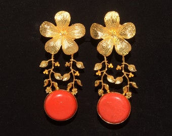 Coral Earrings / Vine Earrings / Flower Earrings / 22kt Gold Plated Gemstone Earrings / Bridal Wedding Long Earrings / Gift For Her