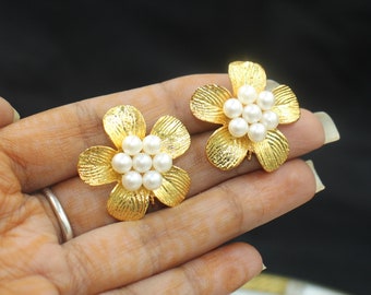 Pearl Flower Earrings Post | Handmade Stud Ear post | 22kt Gold Plated Pearl Connector Post Stud | Earrings Connector | DIY Jewelry Making