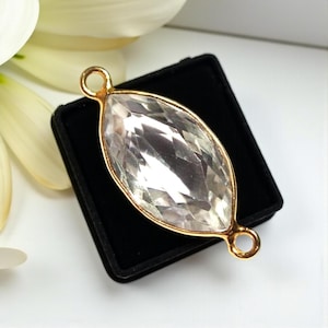1 pieza de 29 x 12 mm de cristal de roca natural chapado en oro, cuarzo facetado, corte marquesa, conector, bisel, colgante de doble bucle, suministros para hacer joyas.