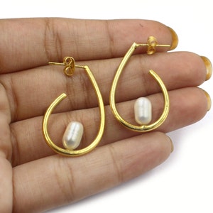 Freshwater Pearl Unique Design Hoop Earrings for Women | 33x21mm 18kt Gold Plated Handmade Hoop Earrings | Party Wear Earrings | Gift Idea