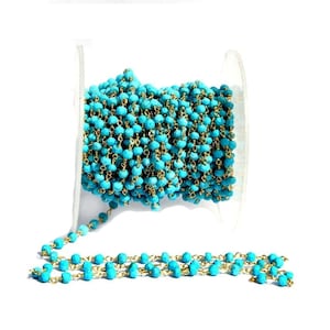 Howlite Turquoise Rosary Style Beaded Chain 3.5mm Gold Plated Wire Wrapped Chain Handmade Beaded Link Chain DIY Jewelry Making Supplies