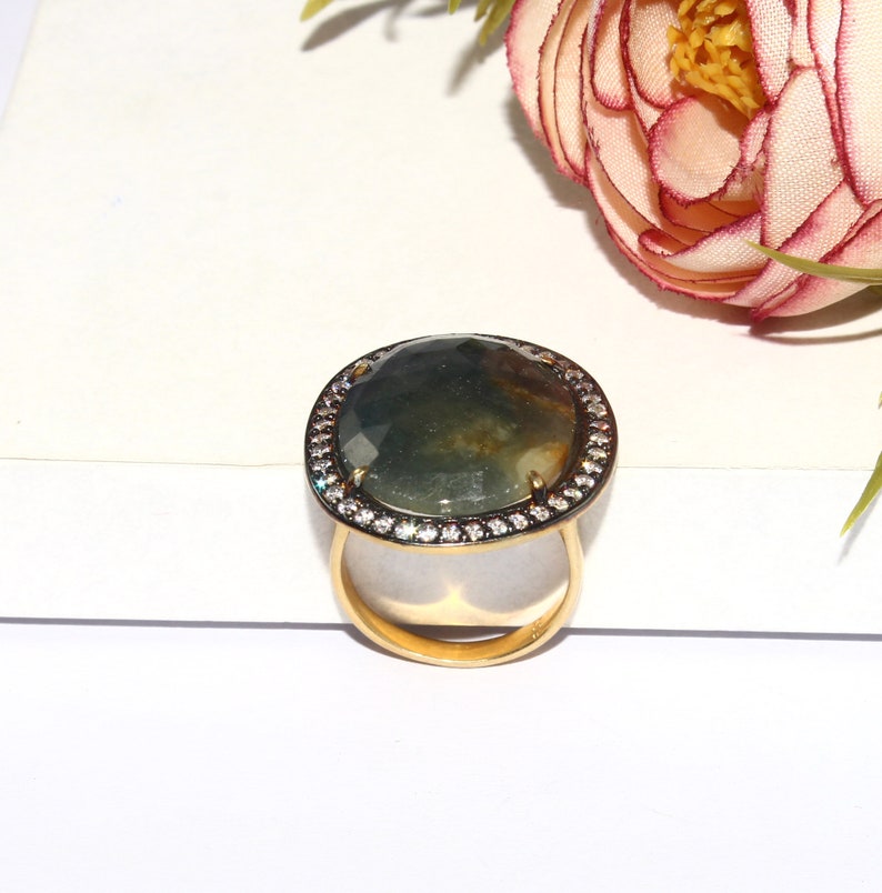 925 Sterling Silver Natural Sapphire Ring Size US 7 Gold /& Black Rhodium Vermeil Ring Zircon Pave Jewelry Gift For Her SL86