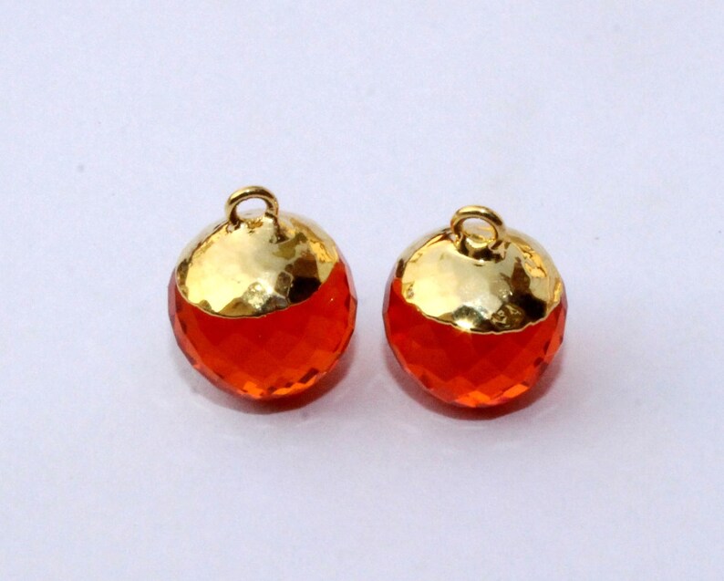 2 Pcs 1 Match Pair 12mm 24K Gold Electroplated Capped Orange Quartz Faceted Ball Charm Pendant Earrings Findings DIY Jewelry Making QC05