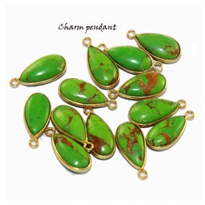 Bezel Set Green Copper Turquoise Pear Shape Pendant & Connectors 14x8mm 22kt Gold Plated Gemstone Charms DIY Jewelry Making Supply Findings