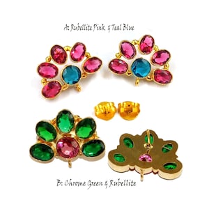 Chrome Green & Rubellite Pink 6 Stone Earring Post Handmade Designer Connector Post Stud 27mm Gold Plated Ear-post DIY Jewelry Making Supply