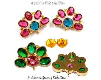 Poste para aretes de 6 piedras en cromo verde y rubelita rosa, hecho a mano, conector de diseñador, 27 mm, chapado en oro, para hacer joyas de bricolaje.