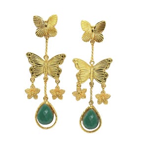 91x32mm Green Onyx Designer Butterfly Earrings Handmade Floral Earrings Gold Plated Butterfly Jewelry Party Wear Earrings Gift for her.