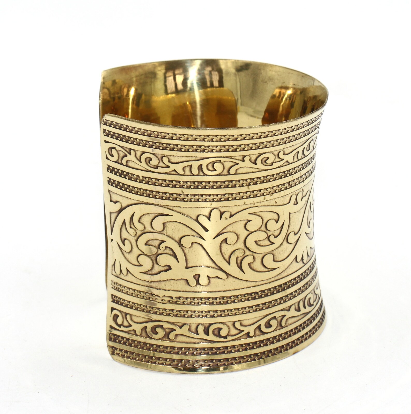 Vintage Look Brass Wide Cuff Bracelet / Designer Engraved Cuff Etsy