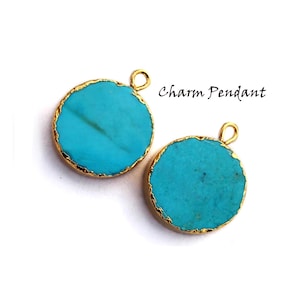 2Pc 24Kt Gold Electroplated Edge Turquoise Round Charm Pendant & Connector Single n Double Loop Gemstone Pendant DIY Jewelry Making Supplies
