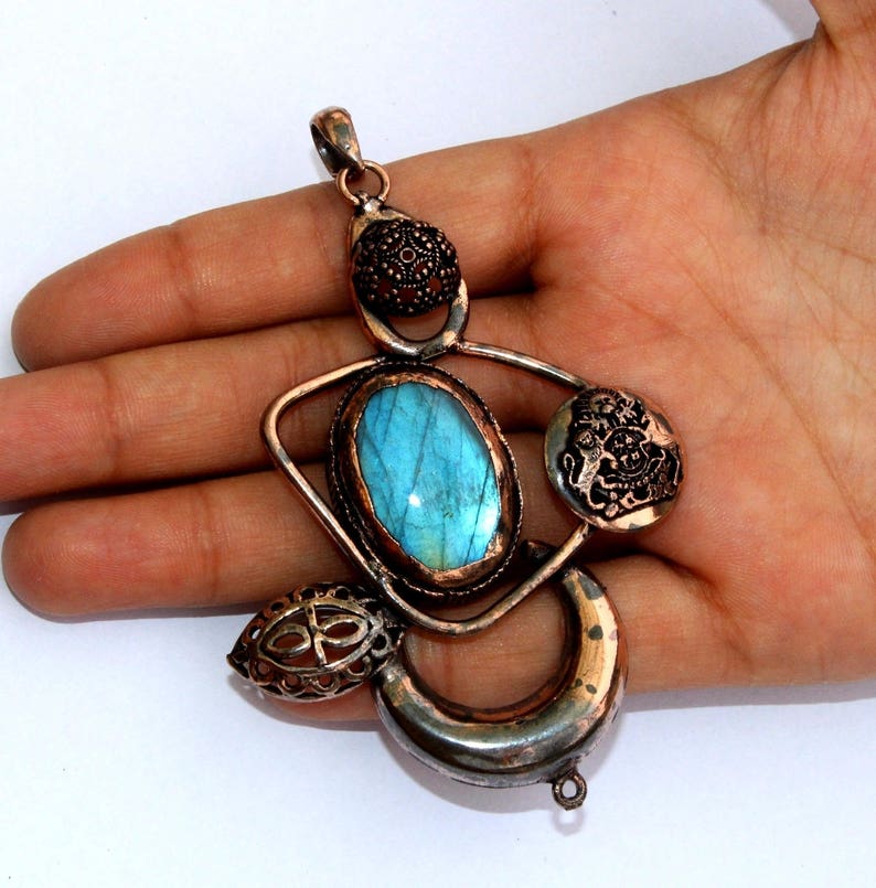 1Pc 91x60mm Copper Electroformed Labradorite Necklace Ancient Crescent Moon Necklace Gemstone Antiqued Necklace DIY Jewelry Making AQP72