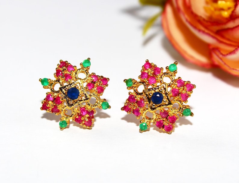 22kt Gold Plated Pink Green /& Blue Semiprecious Gemstone Stud Earrings 16mm Prong Set Flower Earrings Everyday Jewelry Gift Idea EM140