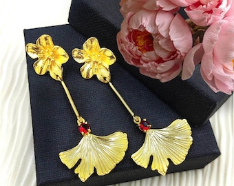 Multi Color Quartz Ginkgo Leaves & Flower Earrings | 76mm 22k Gold Plated Handmade Earrings | Wedding Earrings | Dangle Earrings | Gift Idea