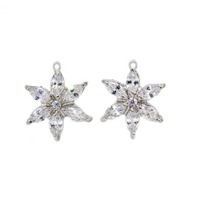1 Pair Cubic Zircon Flower Charm Pendants | CZ Silver Handmade Prong Set Connector | Necklace n Earring Findings | DIY Jewelry Making Supply