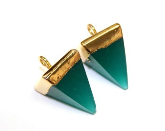 2 Pcs 14x10mm 24kt Gold Electroplated Natural Green Chalcedony Pyramid Charms & Pendants / DIY Jewelry Making / Earrings Pair / You Select