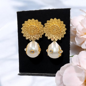 Kundan Work White Shell Pearl Teardrop Flower Earrings | 42mm 22k Gold Plated Handmade Designer Earring | Wedding Party Wear Bridal Earrings