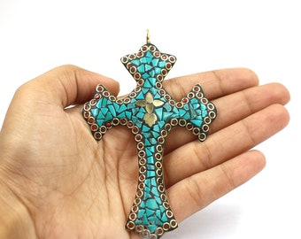 Ciondolo A Forma Di Corno In Ottone Tibetano - Intarsio In Corallo