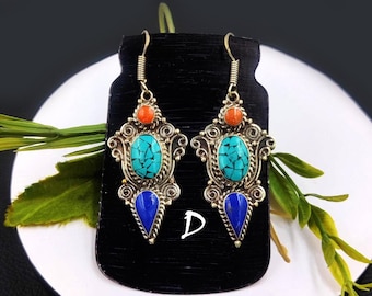 Tibetan Silver Turquoise Coral & Lapis Earrings | Handmade Nepalese Earrings Ethnic Tribal Unique Nepali Earrings Festival Jewelry Gift Idea