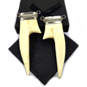 Può includere: Due ciondoli color avorio con dettagli argentati. I ciondoli hanno la forma di una lama curva con una punta appuntita. Sono esposti su uno sfondo di velluto nero.