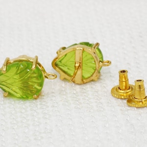 Peridot & Teal Green Quartz Hand Carved Prong Set Connector Post Stud, 22kt Gold Plated Handmade Designer Earpost, DIY Jewelry Making Supply