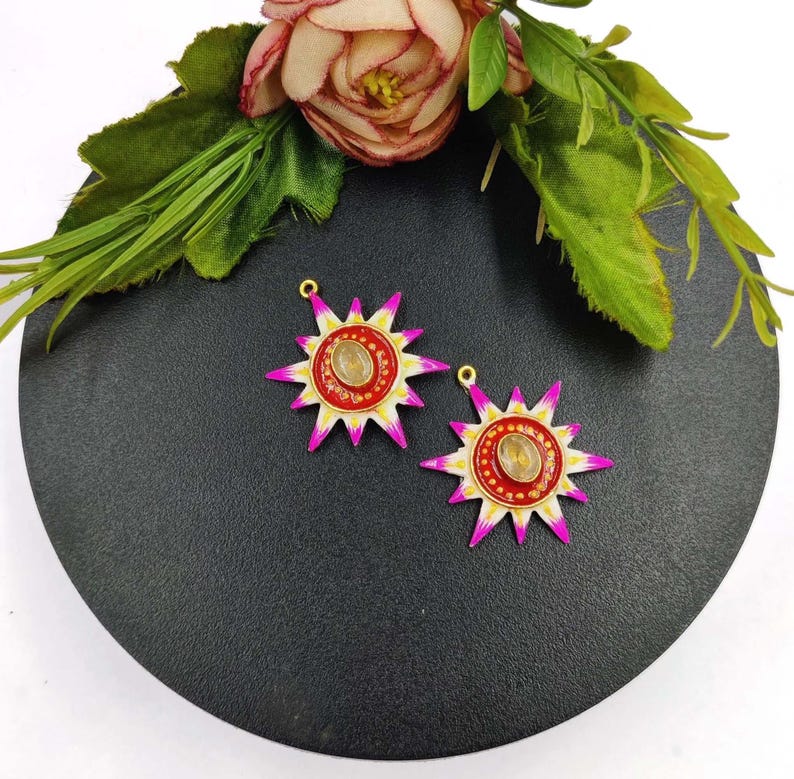 36mm Handpainted Pink White & Red Sun Pendant and Connectors Handmade