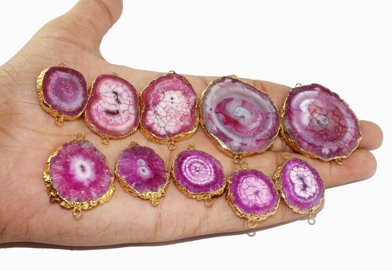 1Pc Gold Electroplated Edge Pink Solar Quartz Stalactite Slice Pendant Double Loop Connector Druzy Pendant Jewelry Making DIY BG23