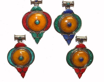 Tibetan Pendant with Turquoise, Coral, Lapis, Malachite Inlays / Brass Wire Work Handmade Tibetan Jewelry / Bohemian Ethnic Nepali Pendant
