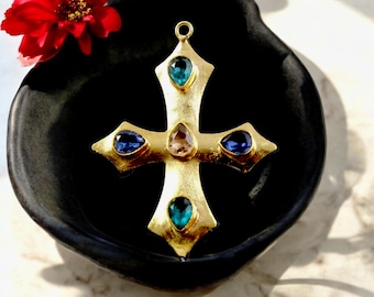 Real Gold Plated Multi-Color Hydro Quartz Cross Pendant |58mm Handmade Birthstone Cross Pendant | DIY Jewelry Making Supply jewelry Findings