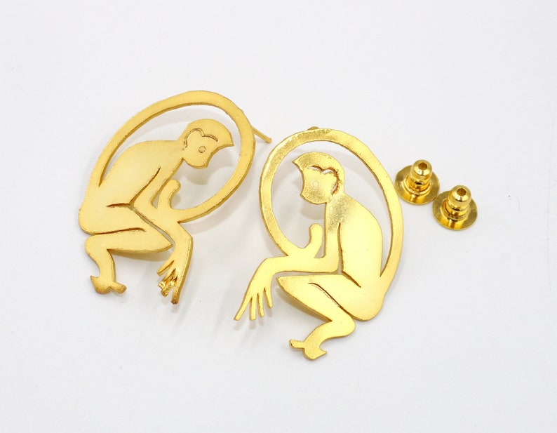 22kt Gold Plated Monkey Hoop Earrings 40x38mm Handcrafted Designer Animal Earrings Gift For Animal Lovers Animal Jewelry Gift Idea