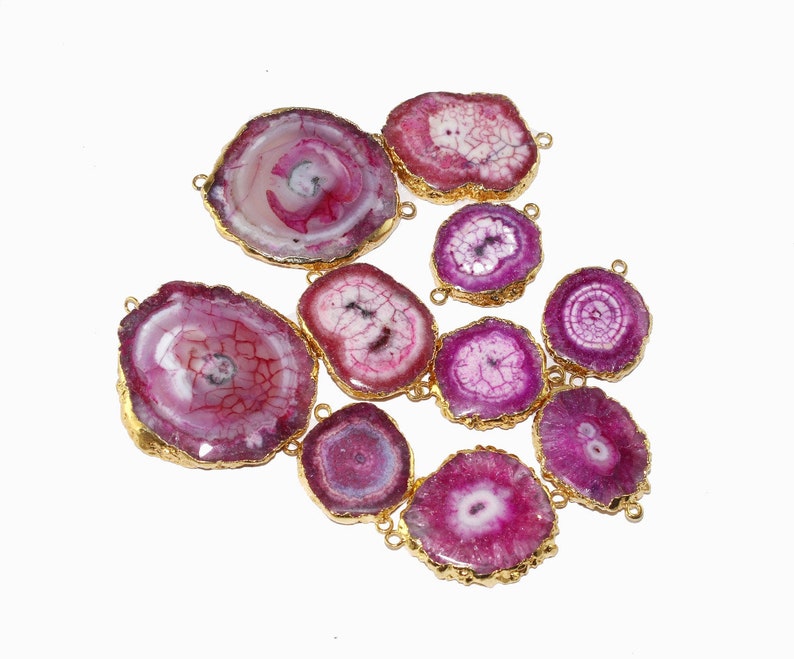1Pc Gold Electroplated Edge Pink Solar Quartz Stalactite Slice Pendant Double Loop Connector Druzy Pendant Jewelry Making DIY BG23