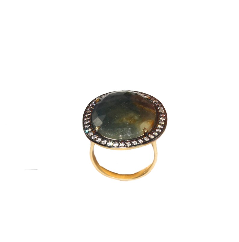 925 Sterling Silver Natural Sapphire Ring Size US 7 Gold /& Black Rhodium Vermeil Ring Zircon Pave Jewelry Gift For Her SL86