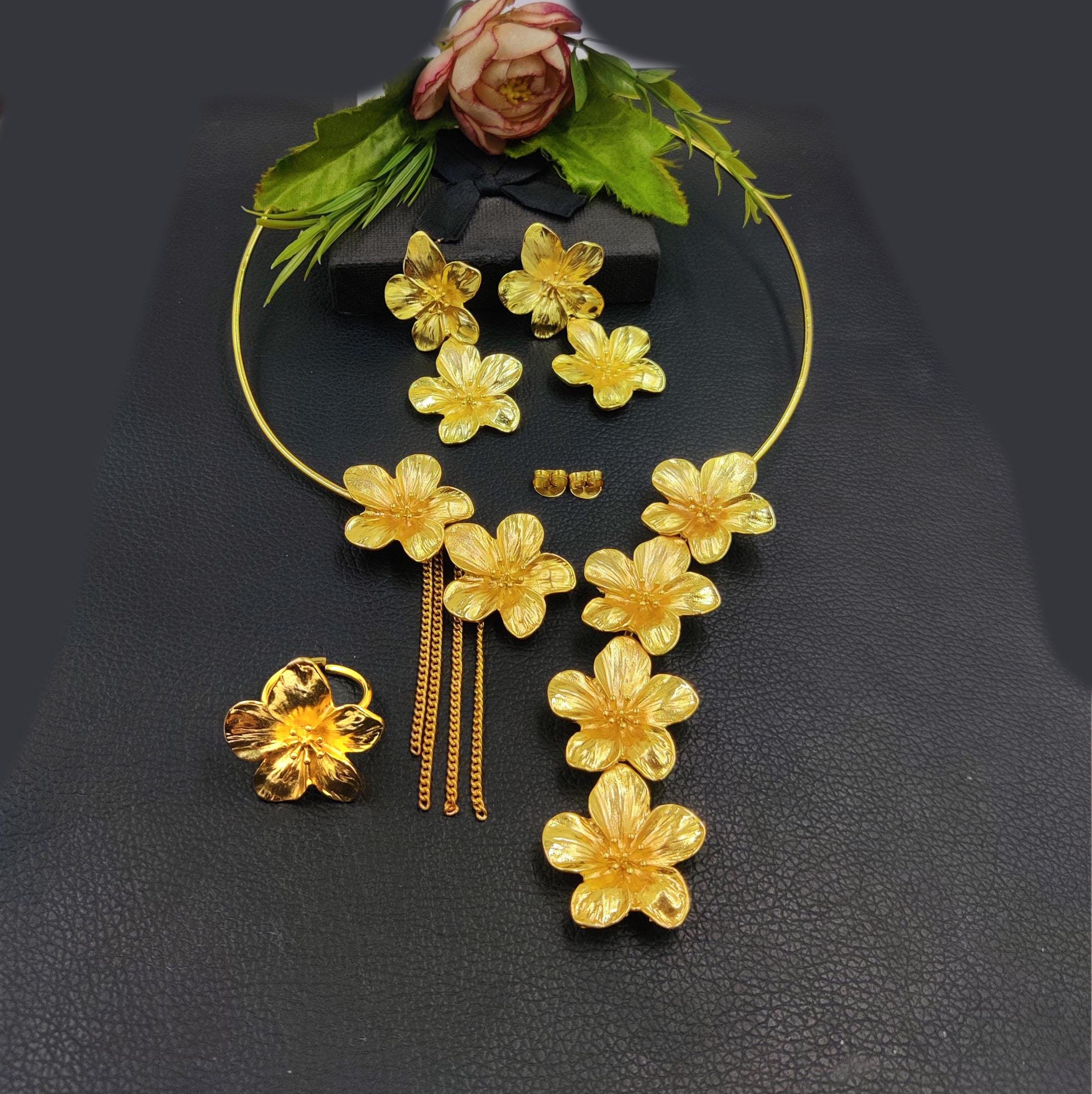 Real Gold-plated Hibiscus Flower Banquet Jewelry Set Handmade