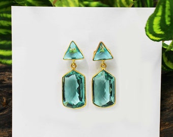 Bezel Set Faceted Aqua Quartz Earrings / 22kt Gold Plated Designer Earrings / 38mm Handmade Gemstone Earrings / Gift Idea / Wedding Earrings