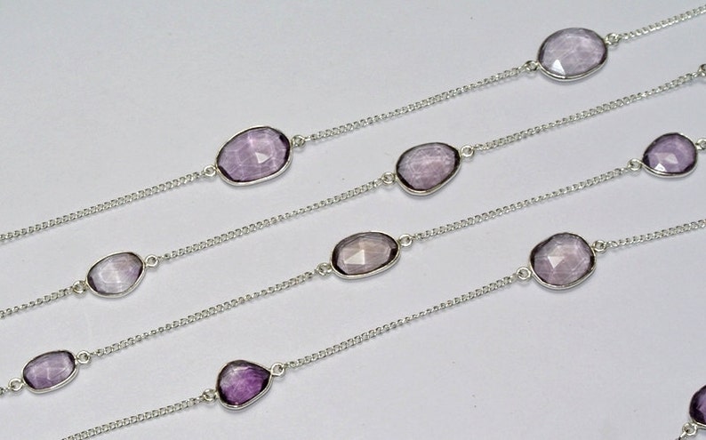 Faceted Pink Amethyst Bezel Set Link Chain 11-21mm Silver Plated Gemstone Continuous Connector Chain Per Foot DIY Jewelry Making Supply