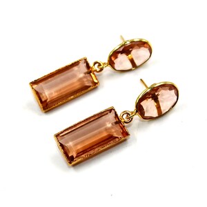 Gold Electroplated Bezel Set Faceted Morganite Quartz Earrings / 40x11mm Designer Gemstone Earrings / Handcrafted Earrings / Wedding Jewelry