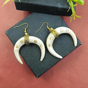 2.28&quot; Ethically Sourced Buffalo Bone Dotted Brass Crescent Horn Earrings Double Horn Bone Earrings Ethnic Bohemian Tribal Earrings Gift Idea