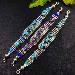 Tibetan Nepalese Bracelet with Turquoise Coral & Lapis Inlay | Boho Tribal Festival Jewelry | Handmade Himalayan Bracelet | Gift for her
