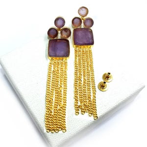 Raw Purple Amethyst Earrings | 95x19mm Gold Plated Natural Rough Gemstone Earrings | Chain Earrings, February Birthstone Earrings, Gift Idea