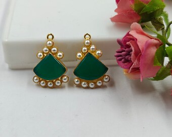 Green Onyx & Shell Pearl Designer Earrings | 22kt Gold Plated Handmade Pendant | Dangle Earrings | DIY Jewelry Supplies | Gift For Her