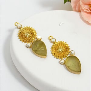 38mm Raw Lemon Quartz & Shell Pearl Earring Pendant Real Gold Plated Handmade Flower Earring Connector Jewelry Finding DIY Jewelry Supplies image 4