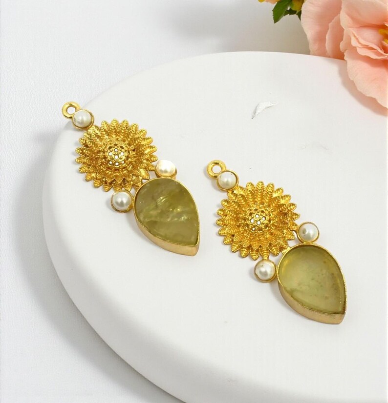 38mm Raw Lemon Quartz & Shell Pearl Earring Pendant Real Gold Plated Handmade Flower Earring Connector Jewelry Finding DIY Jewelry Supplies image 4