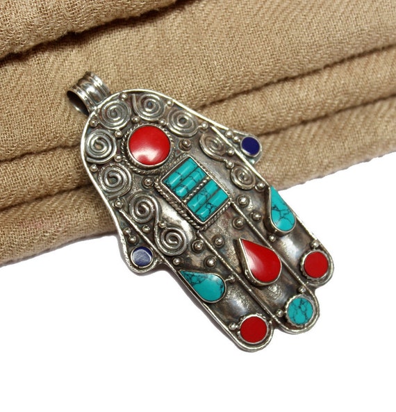 Ethnic Tibetan Handmade Necklace with Turquoise Lapis /& Coral Inlays Bohemian Necklace Handmade Necklace