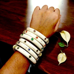 Ethically Sourced Buffalo Bone & Multi Color Stone Designer Bangle Handmade Bone Cuff Bangle Openable Screw Clasp Bone Bangle Bracelet Gift