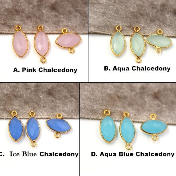1Pc Bezel Set Pink, Ice Blue, Aqua Blue & Aqua Green Chalcedony Faceted Marquise Charm Pendant | 14x7mm | DIY Single, Double Loop Connectors