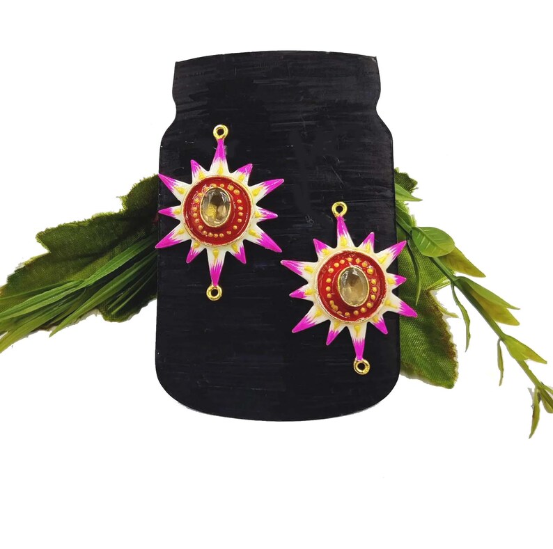 36mm Handpainted Pink White & Red Sun Pendant and Connectors Handmade