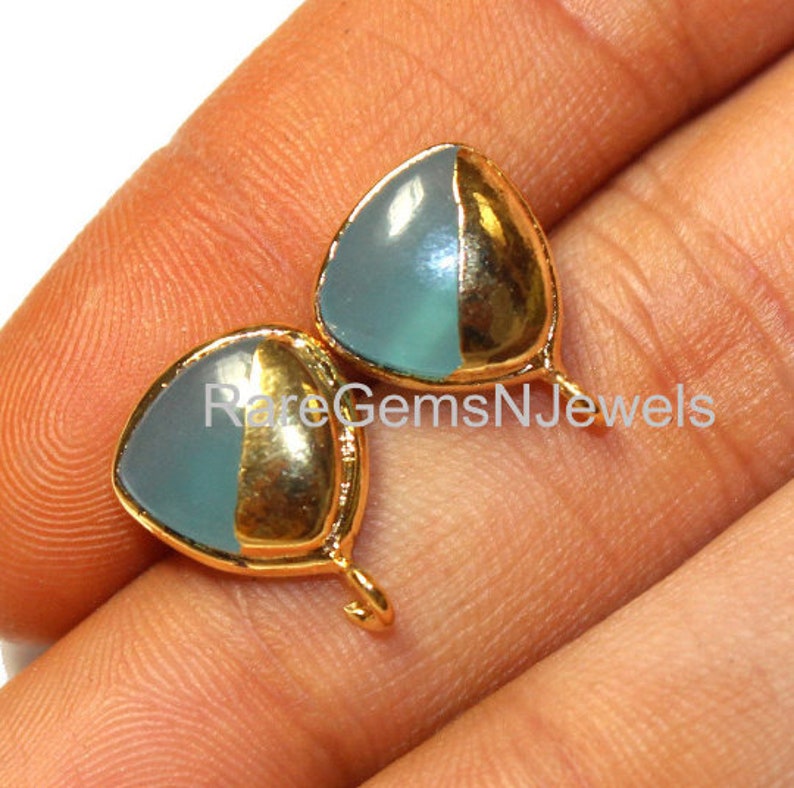 1 Pair 24kt Gold Electroplated Aqua Blue Chalcedony Trillion Shaped Stud Ear-Post 10mm Gemstone Ear-Post DIY Jewelry Making Supply LS52