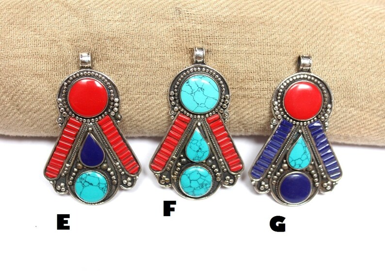 Nepal Tibetan Pendant with Turquoise Lapis /& Coral Inlays Handmade Tibetan Nepali Jewelry Large Bohemian Pendant Ethnic Tribal Pendant