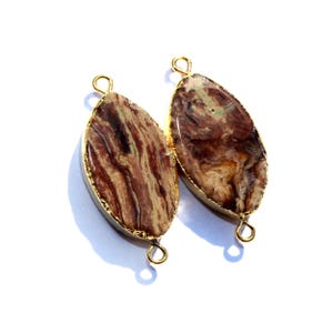 2 Pcs 25x13mm 24Kt Gold Electroplated Edge Brown Zebra Jasper Marquise Pendant Double Loop Gemstone Connector DIY Jewelry Making Components
